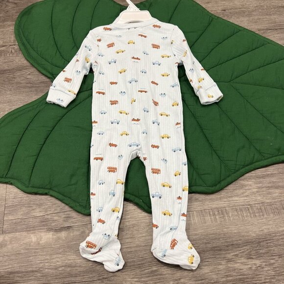 Rabbit + Bear 6-9M Car Print Ribbed Footie & Hat Set Outfit Organic Cotton - Picture 2 of 5